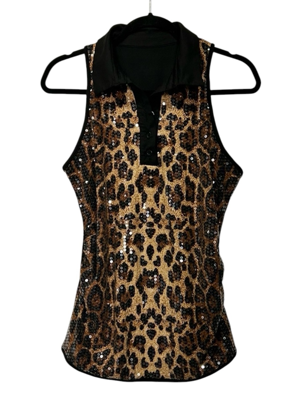 Y2K Sequin Leopard Print Polo Tank Top Party Glam Sleeveless Button Placket L